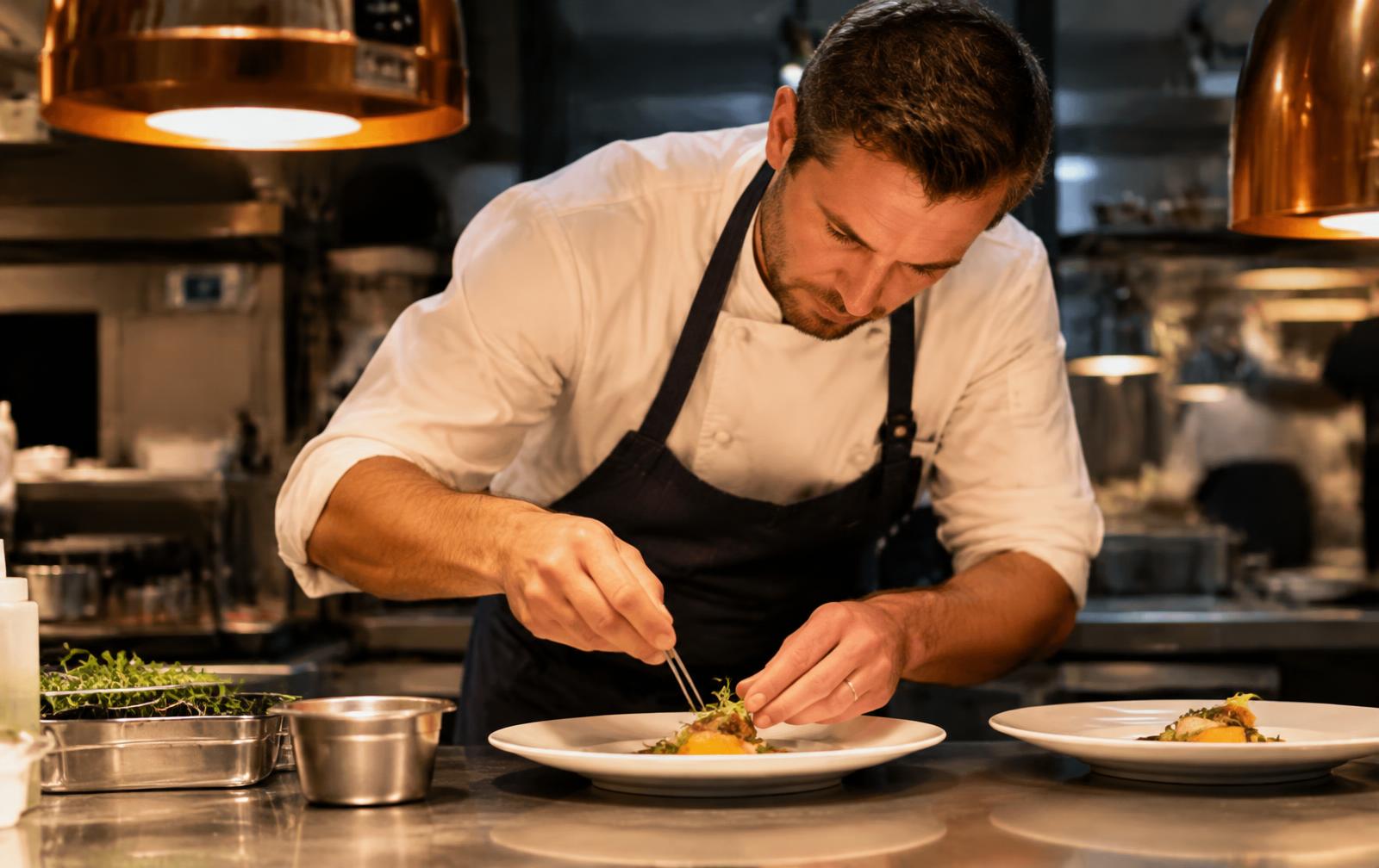 Chef plating a dish on white porcelain in a professional kitchen